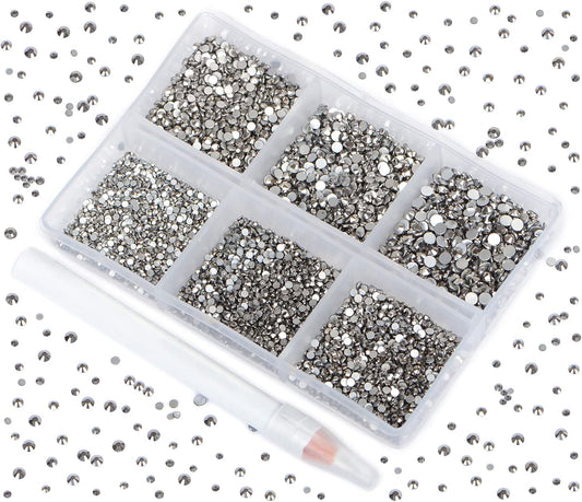 Bymitel 7200 Pieces 6 Mixed Sizes Glue Fix on Glass Rhinestones Round Crystal Gems Flatback for DIY Jewelry Making with one Picking Pen(6-Sizes 7200PCS, Jet Hematite)