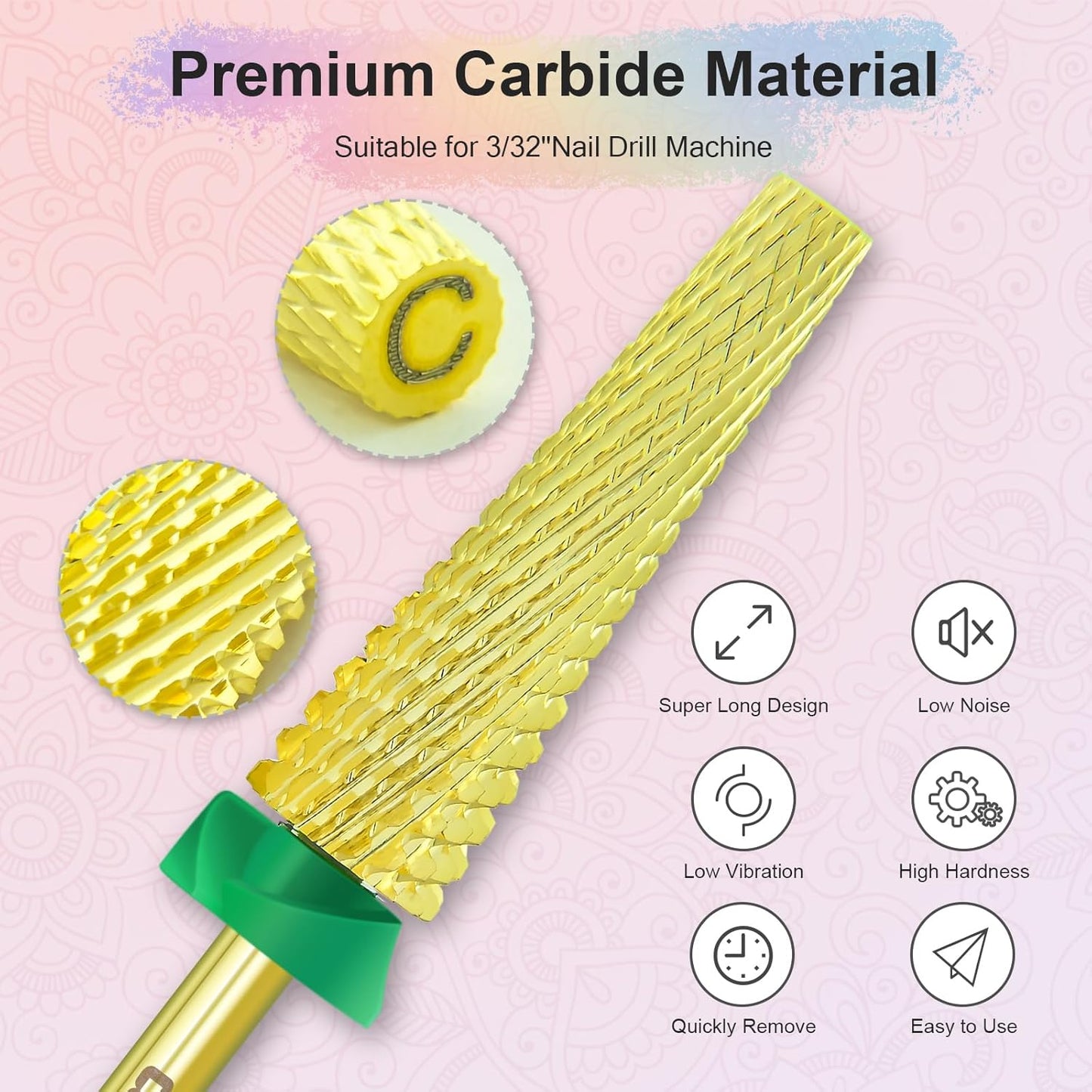 Depvko Super Long 5 in 1 Nail Drill Bits, 3/32'' Carbide Tungsten Bits, Two Way Rotate Professional Advanced Safety Bits for Nail, Fast Remove for Manicure Pedicure (Long 5in1-Gold, Coarse-C)