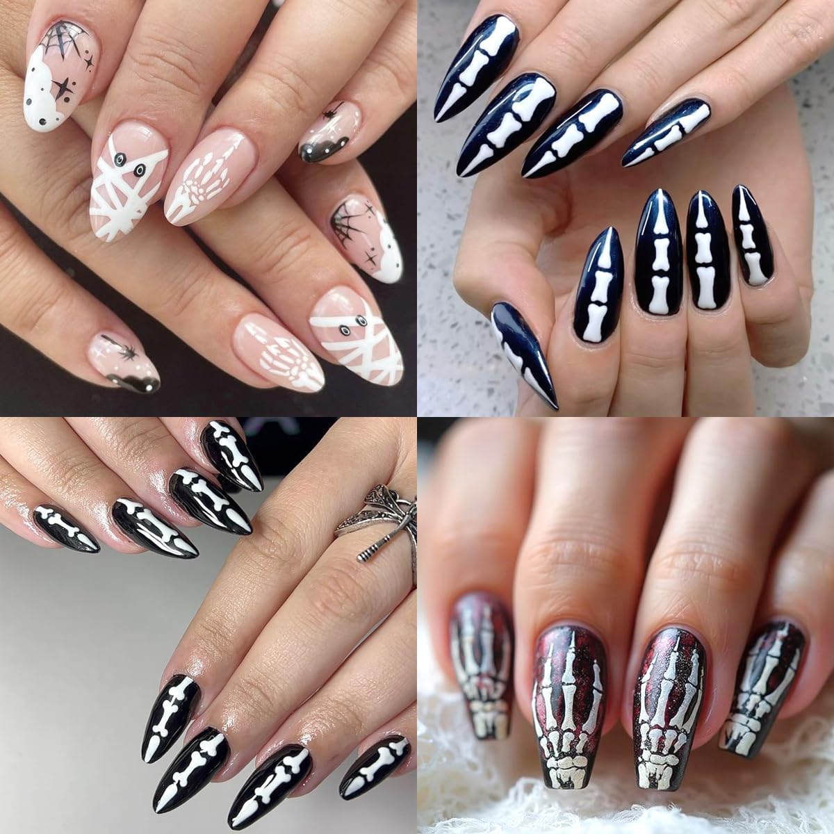 2 Sheets Halloween White Skeleton Bones Nail Art Stickers 5D Embossed Finger Skull Nail Stickers Design Self-Adhesive Skeleton Fingers Nail Decals for Women DIY Halloween Party Nails Decorations