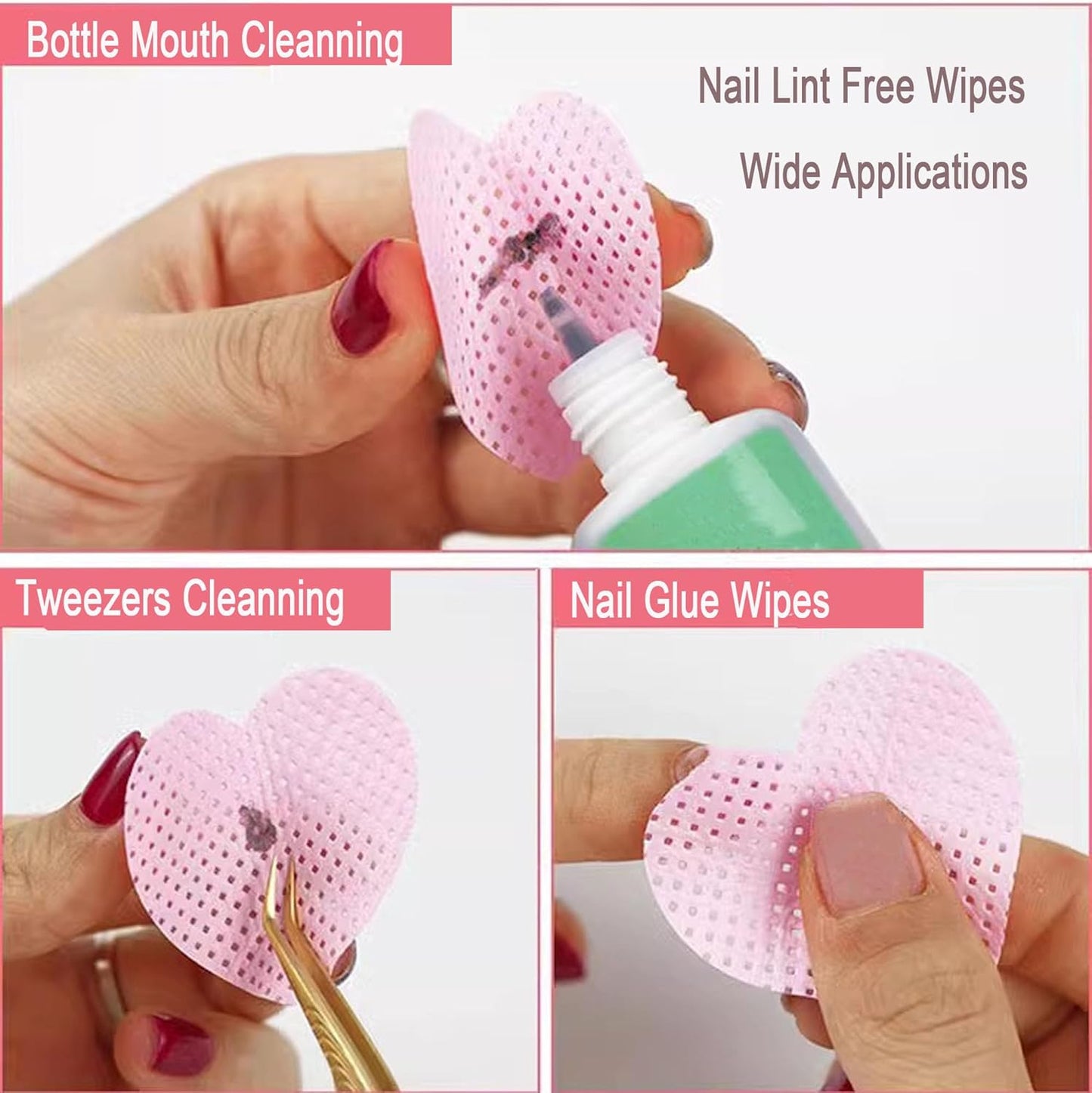1000 PCS Lint Free Nail Wipes, Lash Glue Wipes Eyelash Extension Glue Wipes, Nail Polish Remover Wipes for Lash Extension Supplies, Nail Wipes for Gel Nail Polish Remover,Lash Glue Cleaning Pads, Pink