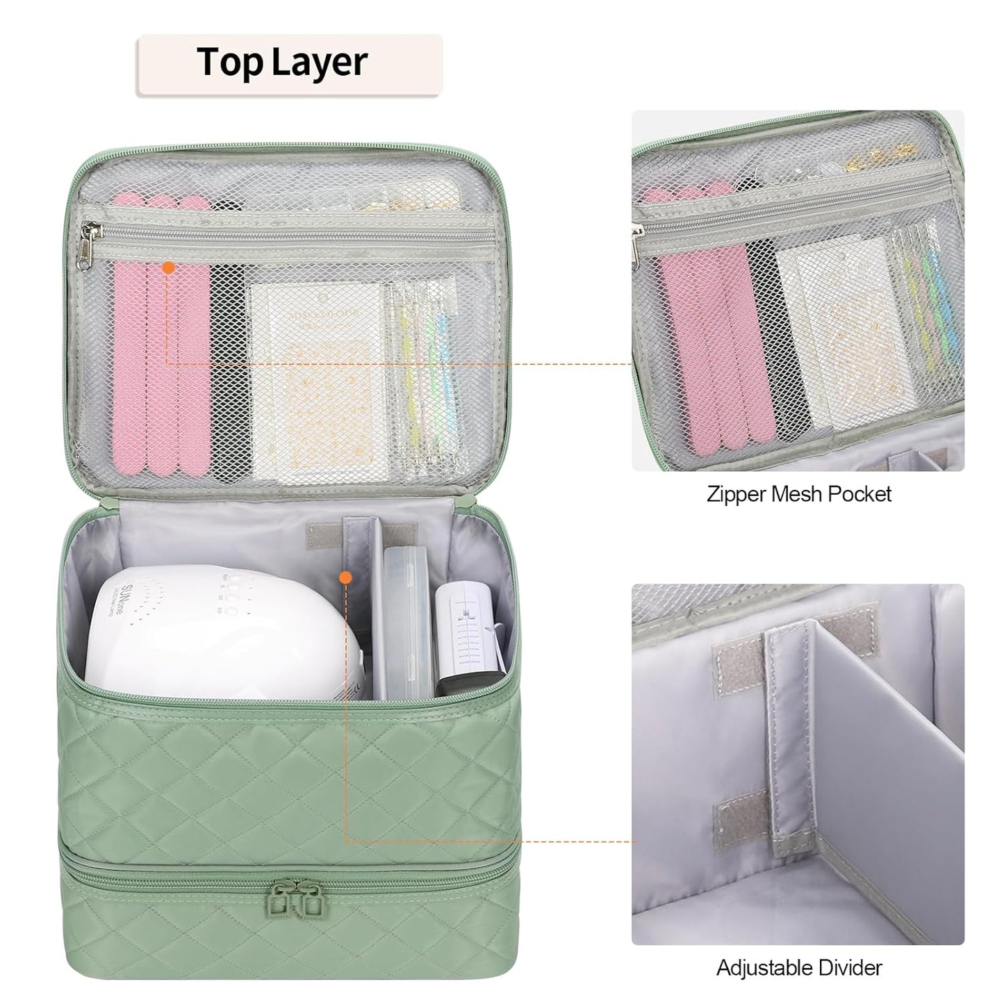 Ethereal Small Nail Polish Organizer Case Holds 30+ Bottles(15ml/0.5fl.oz) and Nail Lamp, Double Layer Nail Polish Storage Bag for Nail Kit, Manicure Tools, Green