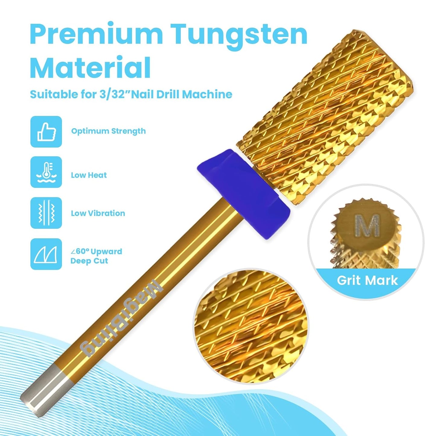 Super Cut Large Barrel Nail Drill Bits, 3/32'' Professional Tungsten Carbide Bits, Remove Hard and Soft Gel Fast, Right Hand Use, Manicure Pedicure Cuticle Gel Polishing, Gold Color, Medium.