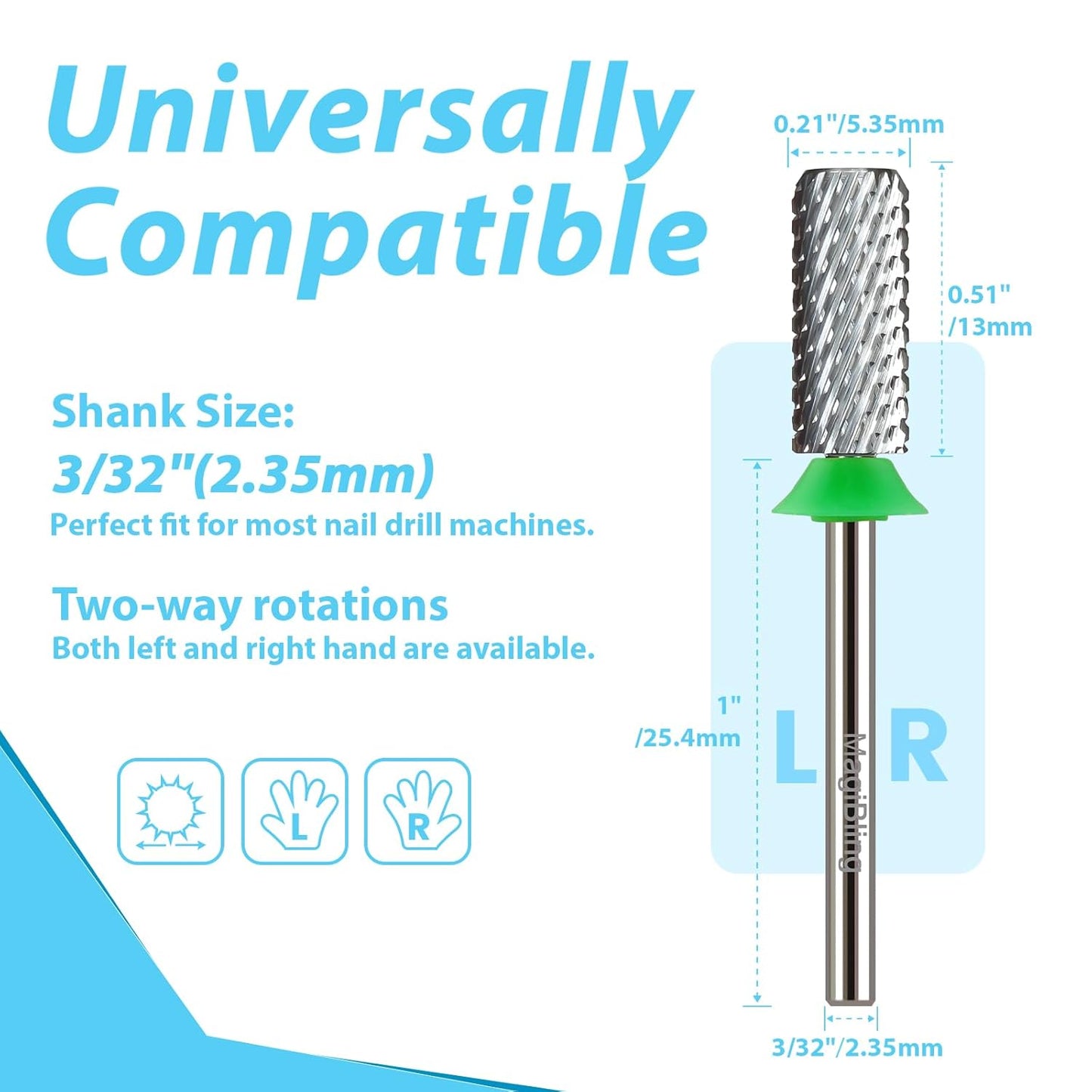 Professional Small Barrel Nail Drill Bits Flat Top, 3/32'' Safety Tungsten Carbide Bits, Two-Way Rotation, Soft and Hard Gel Removal Polishing, Tech and Beginner Bits, Coarse.
