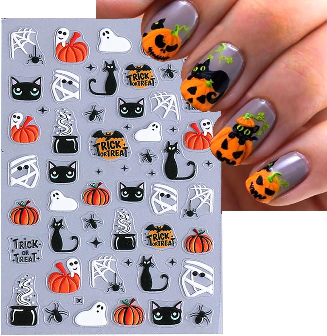 3 Sheets 5D Embossed Halloween Cat Nail Stickers for Nail Art Self Adhesive Cat Cute Ghost Nail Decals Spooky Spider Web Pumpkin Bandage Nail Designs Stickers Holiday Nails Supply for Women Manicure