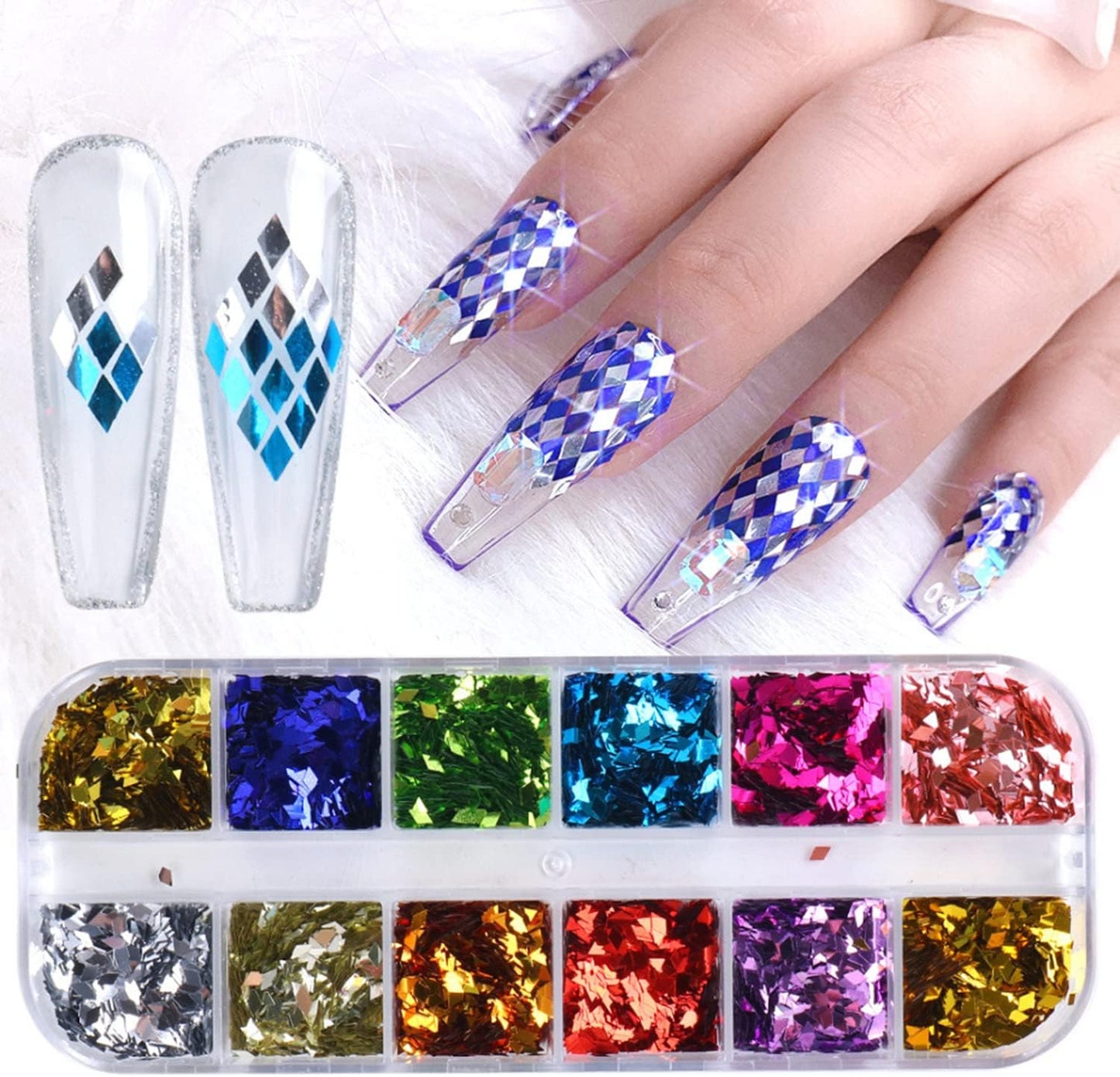 Rhombus Glitter Nail Art Sequins, Holographic 3D Shiny Nail Art Flakes Acrylic Supplies, 12 Colors Rhombus Nail Art Design for Women Girls Manicure Powder Charms Decorations DIY Sparkly Nail Art Tips