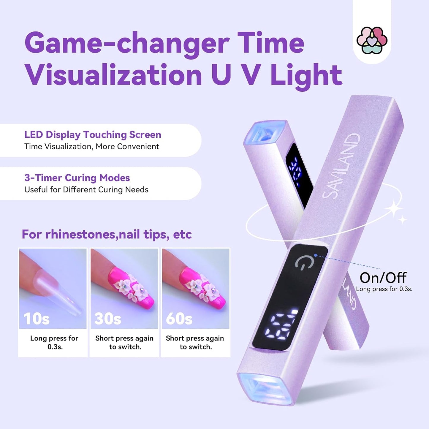 SAVILAND Handheld U V Light for Gel Nails: Magnetic Stand & 10S Flash Cure Mini Nail Light 3-Timer Modes Portable LED Nail Lamp Nail Dryer Cordless Gel Lamp LCD Screen Home DIY Manicure Purple