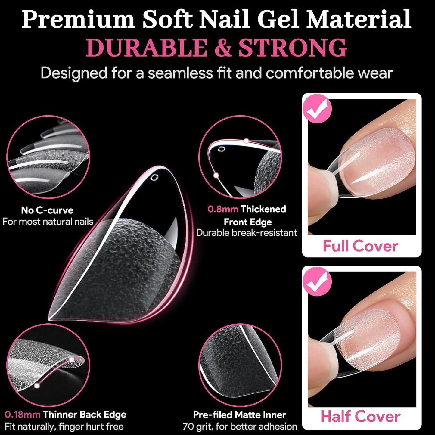 Extra Short Almond Fake Nail Tips, 15 Sizes 240 PCS Clear Half Matte Press On False Nail Tips Pre-shaped Full Cover Gel Nail Acrylic Soft Tip Extensions Thick Long Lasting for Home DIY Nail Salon