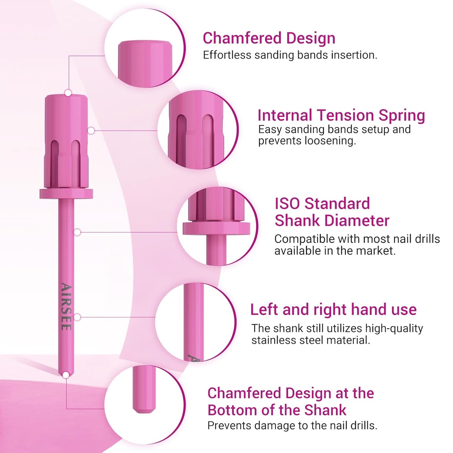 AIRSEE Nail Drill Mandrel Bit for Efile Sanding Bands, Stainless Steel Professional Electric File Head for Clean Cuticle Removing, Acrylic Tip Dead Skin Sander Remover Manicure Safety (Rose Pink)