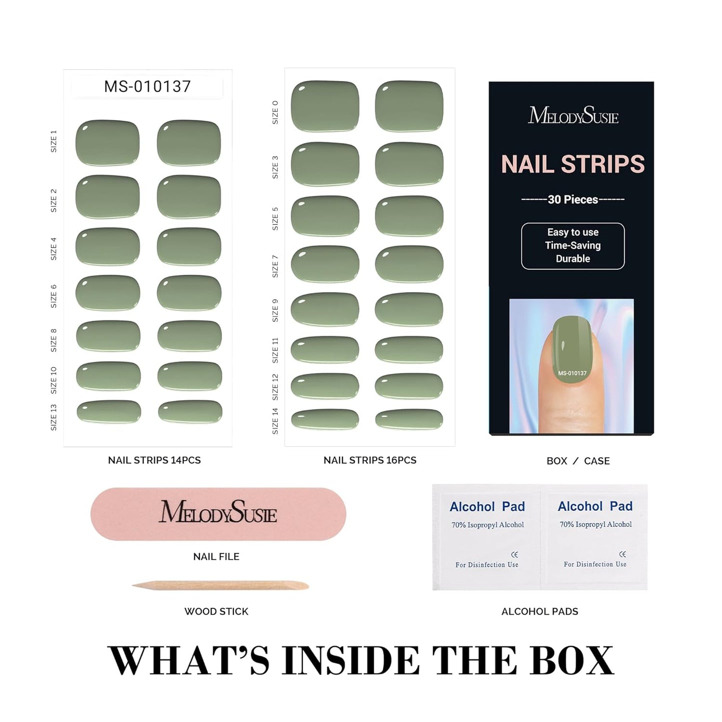 MelodySusie 30PCS Semi Cured Gel Nail Strips, Sage Green, Works with Any Nail Lamps, Salon Quality, Long Lasting, Easy to Apply, Includes 2 Prep Pads, Nail File and Wooden Stick