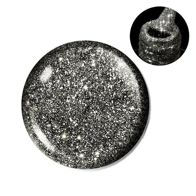 Beetles Black Gel Nail Polish, 1Pcs 15ML Glitter Gel Nail Polish Black Sparkle Reflective Shimmer Color Soak Off UV Lamp Disco Nail Art Manicure Salon DIY at Home Gifts for Her