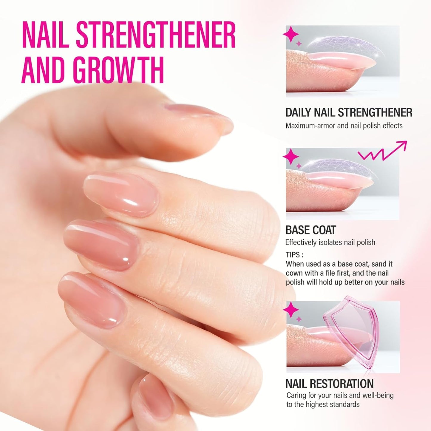 Nail Strengthener for Women: Coral Pink Natural Nail Hardener Extra Strong and Growth - Nail Polish Hardener for Weak and Damaged Nails 15ml