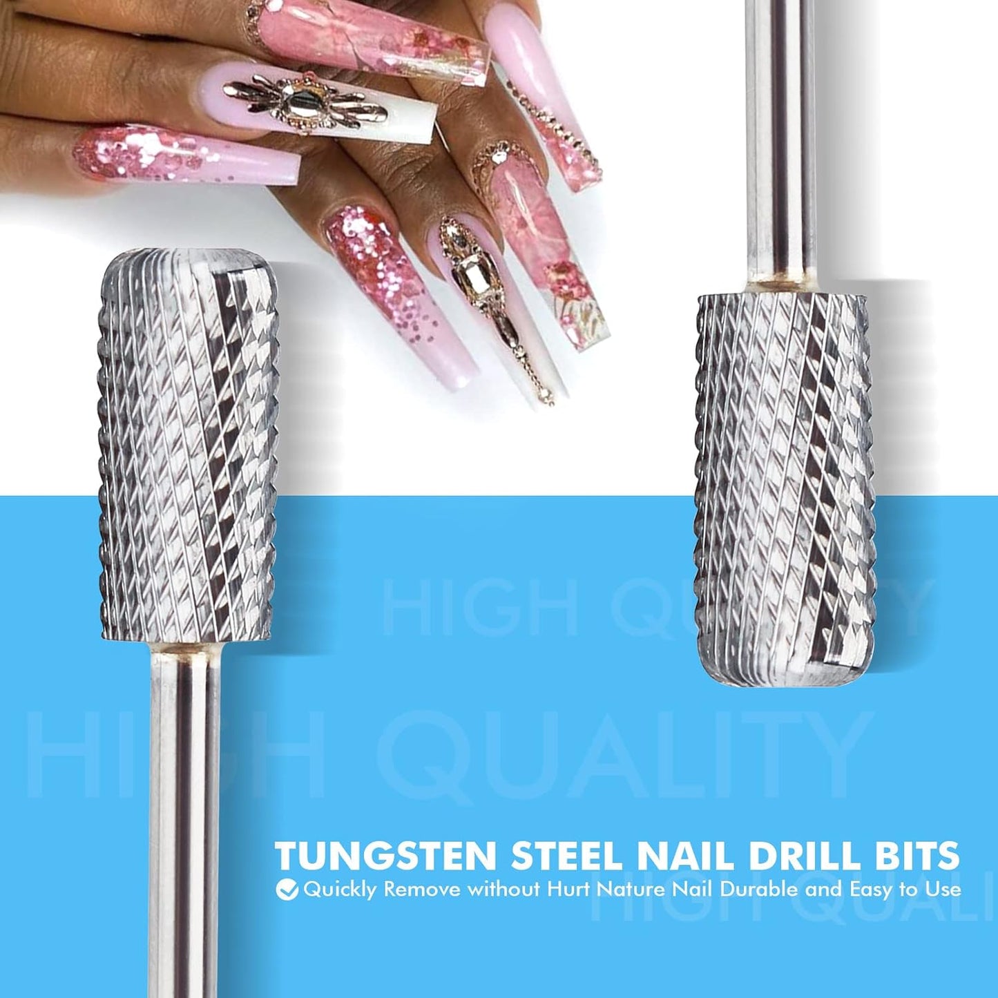 QUNZHAO Nail Drill Bits Dust proof bit Tungsten Steel Fast remove Acrylic or Hard Gel 3/32" Shank - Manicure, Nail Art, Drill Machine (Medium - M, Silver)