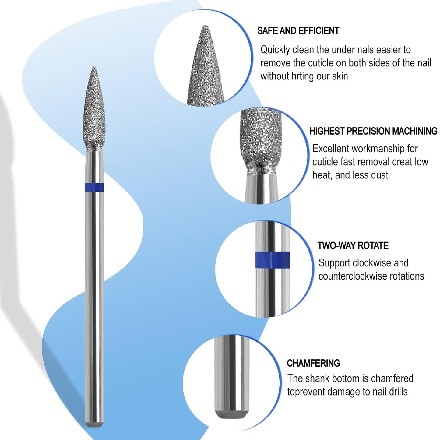 Cuticle Nail Drill Bit, 3/32'' Professional Safety Diamond Under Nail Cleaner for Cuticle Dead Skin Nail Prepare, Beginners Bits, Experienced Tech,Flame Shape (Medium)