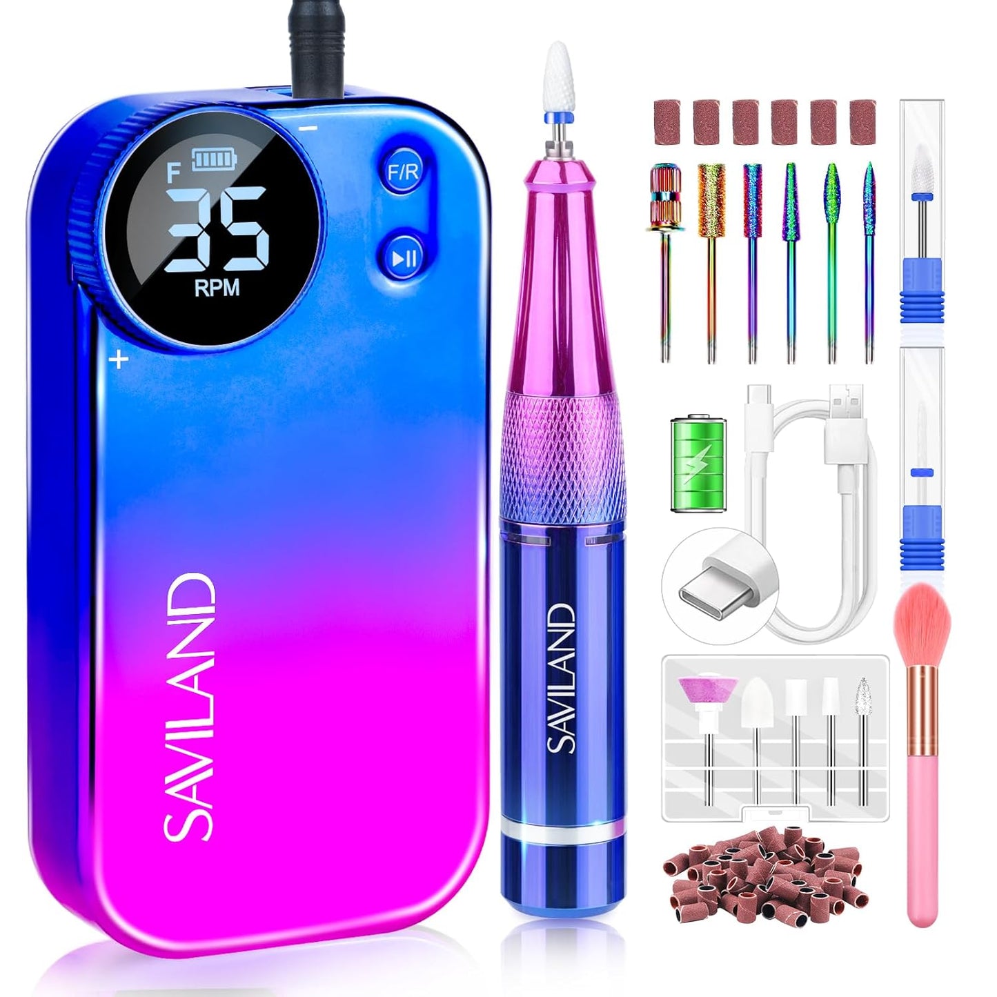 SAVILAND Portable Electric Nail Drill - PRO 35000RPM Electric Nail File Nail Drills for Acrylic Nails Professional with Drill Bits Manicure Pedicure Supplies Use Nail Art for Home DIY Salon Use