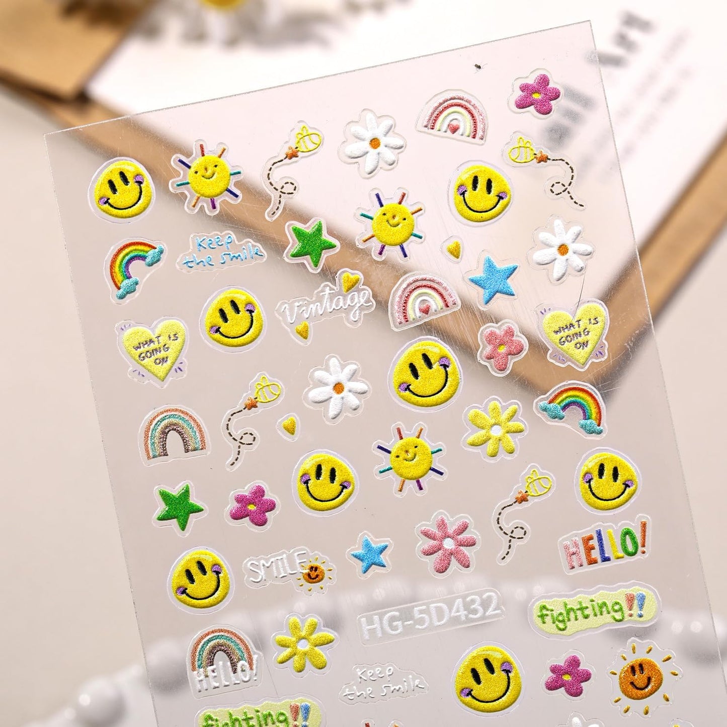 5D Embossed Smiley Face White Daisy Nail Stickers - Floral Face Nail Art Decorations for Manicure A Set of 2 Sheets
