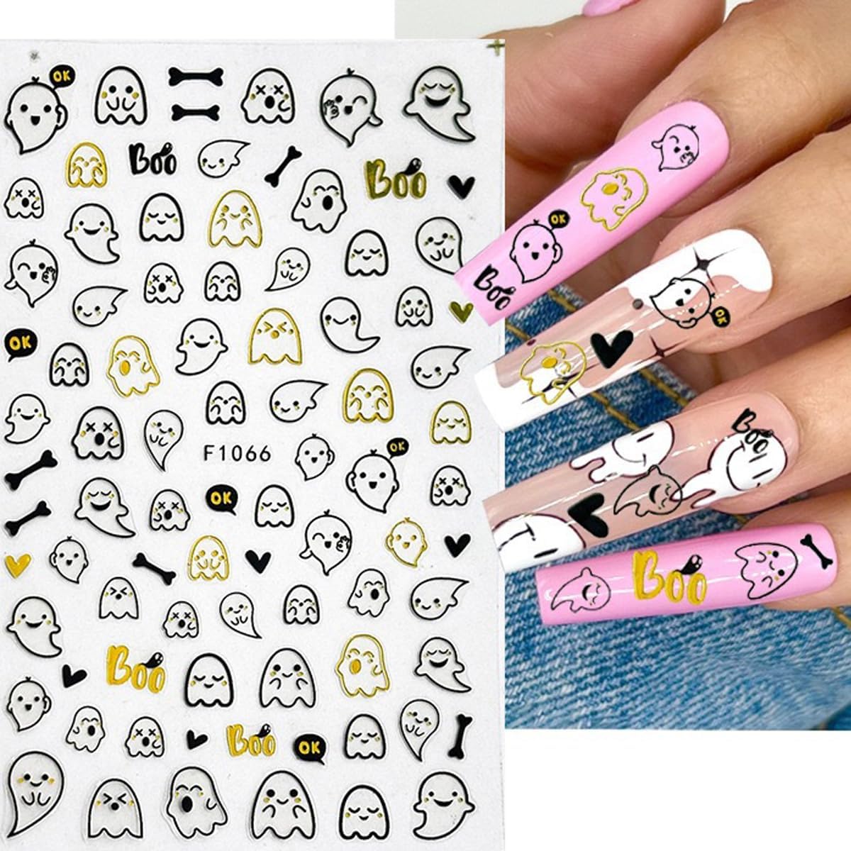 8PCS Halloween Nail Stickers for Nail Art - 3D Metallic Spider Web, Ghost, Pumpkin, Skull, Stars, Cat Designs - Black Gold DIY French Manicure Decor