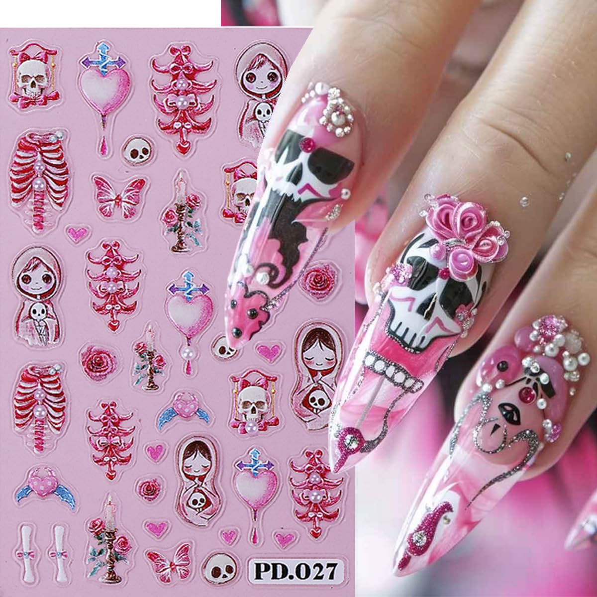 3D Horror Halloween Nail Art Stickers Decals Scary Skeleton Crow Spider Skull Nail Stickers with Spider Web Design Self-Adhesive Red Blue Rose Nail Decals for Women DIY Manicure 4 Sheets