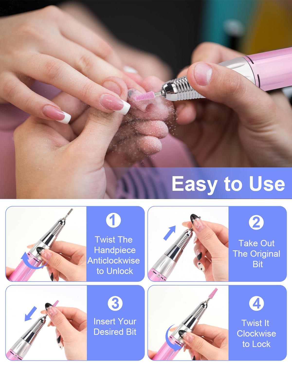 Electric Nail Drill Professional: Rechargeable Nail File with Bits for Acrylic Gel Nails, Professional Nail Drill Manicure Pedicure Polishing Shape Tools for Home Salon