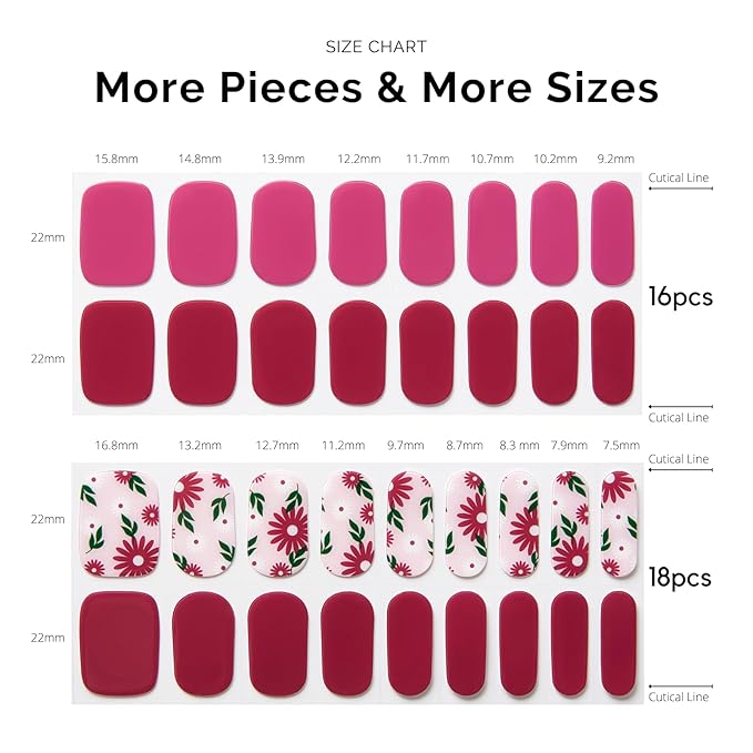 Semi Cured Gel Nail Strips - NAILOG 34 Pcs Floral Nail Stickers Long Wraps with Glossy Gel Finishing for Autumn, in The Meadow