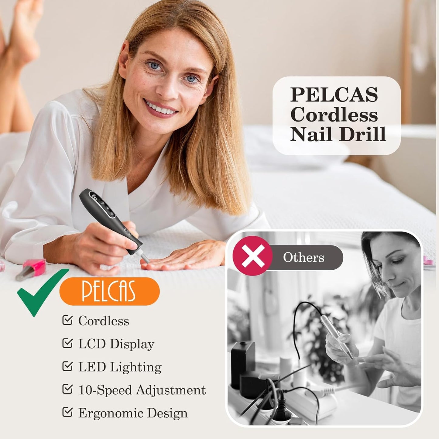 PELCAS Electric Nail Drills, Professional Cordless Nail File Kit With Light, 10 Speeds Manicure & Pedicure Kit For Human, Pet, Thick Toenails, Natural & Acrylic Nails Grey