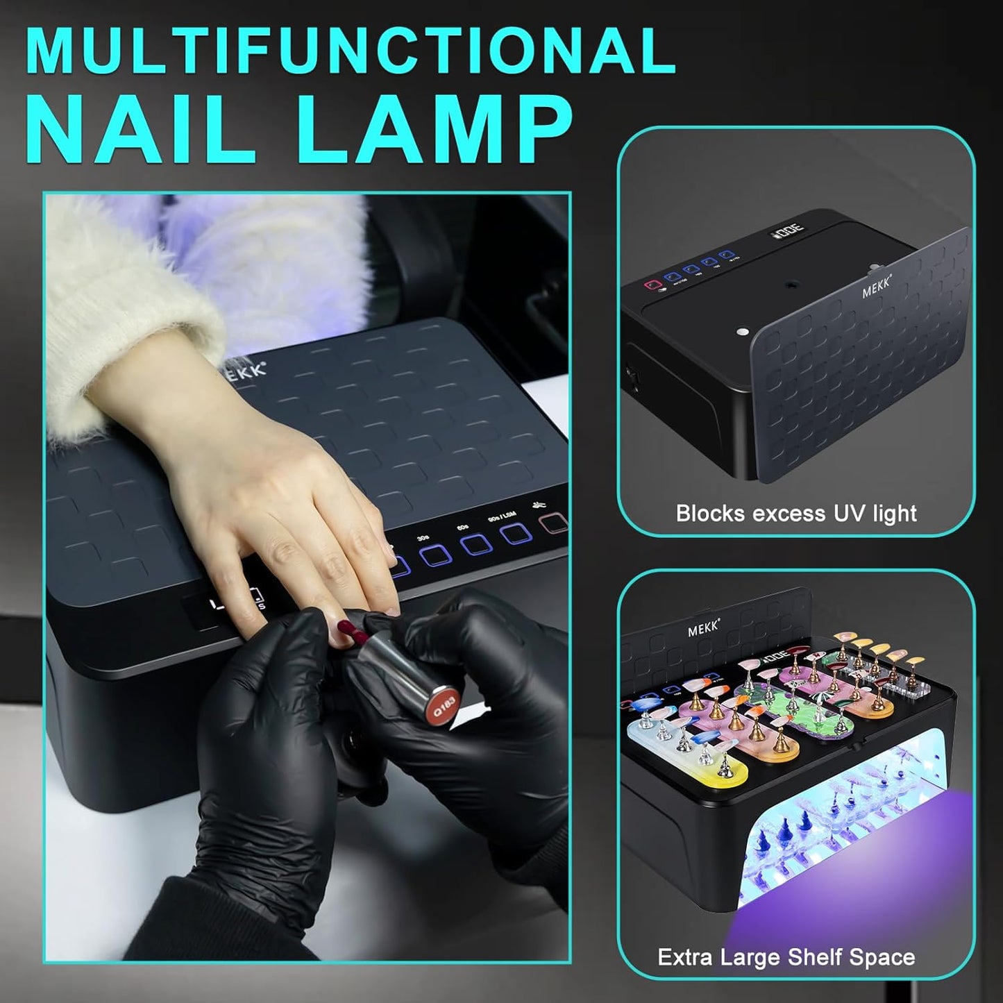MEKK UV LED Nail Lamp - Luxury Cordless UV Light for Gel Nails with Red Light Skincare,4+2 Timer Modes,Two-Hand Design,Professional Nail Lamp for Salon & Home-Black