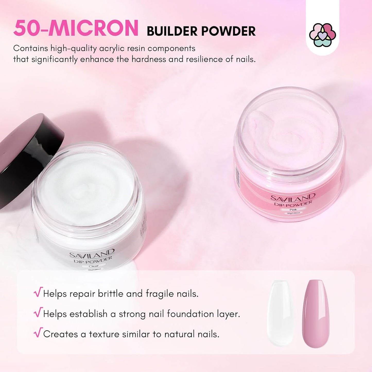 SAVILAND 60g Nail Repair Kit for Split Damaged Nails: 3 Mins Air Dry Quick & Easy Instant Broken Nail Repair Natural Clear & Pink Dip Powder with 21ml Nail Repair Glue Emergency Home & Salon Use