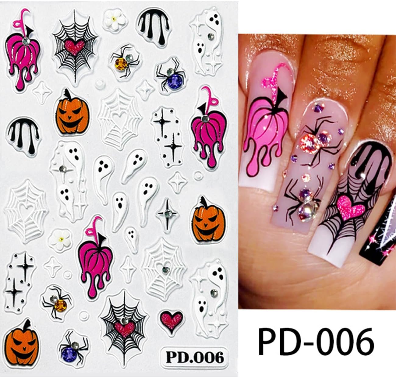 Halloween Embossed Nail Art Stickers -5D Cute Ghost Nail Decals for Nail Art Skull Spider Web Pumpkin with Rhinestones Design Self-Adhesive Nail Art Supplies Halloween Nail Decoration 4 Sheets
