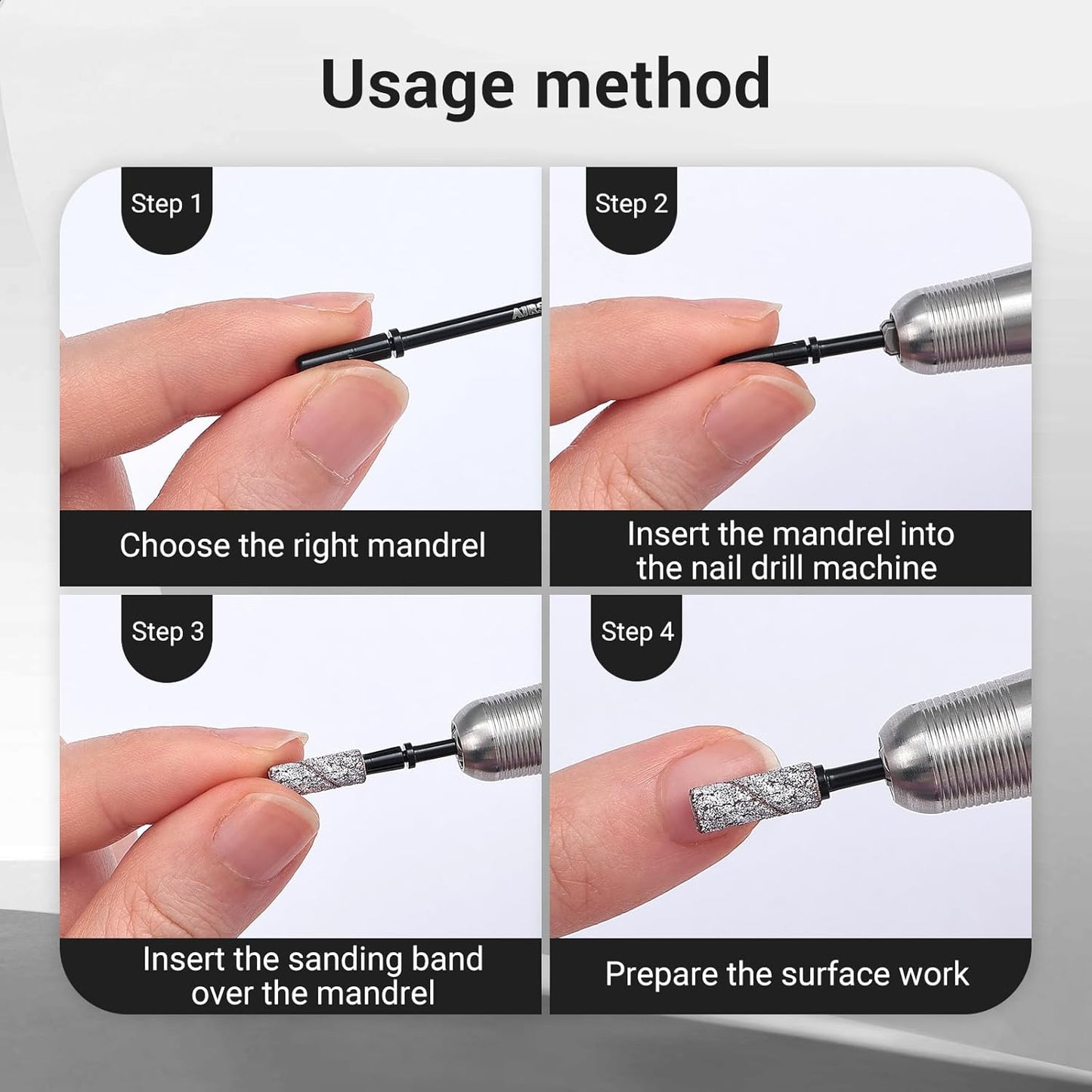 AIRSEE 3.1mm Small Nail Drill Mandrel Bits for Mini Efile Sanding Bands, Stainless Steel Professional Electric Head Clean Remove Cuticle Removing, Acrylic Manicure Sander Safety (Black)