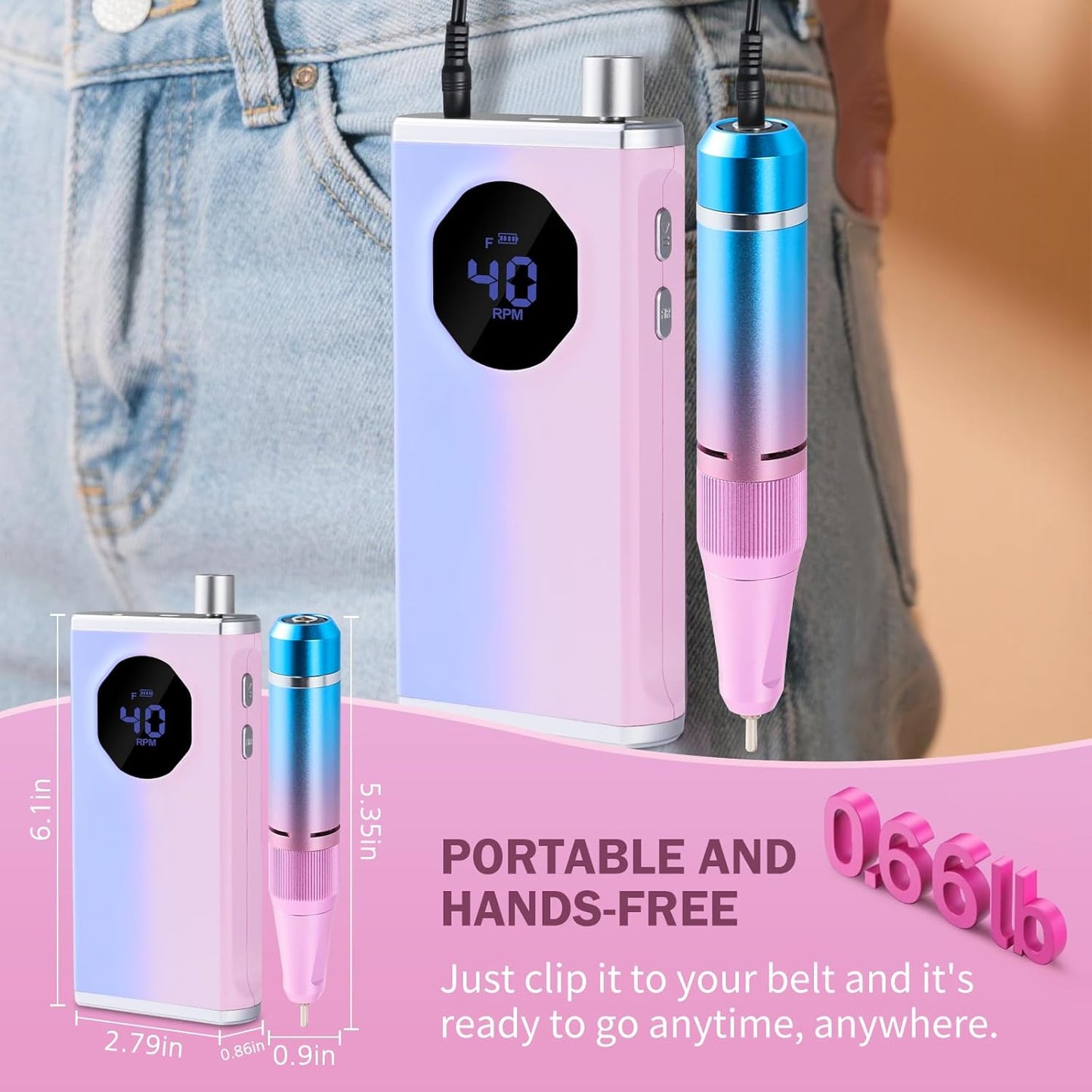 Professional Nail Drill, 40000RPM Electric Nail File for Acrylic Gel Nails Polishing Removing, Rechargeable Portable Cordless Nail Drill Kit with Full Set of Accessories at Salon Home