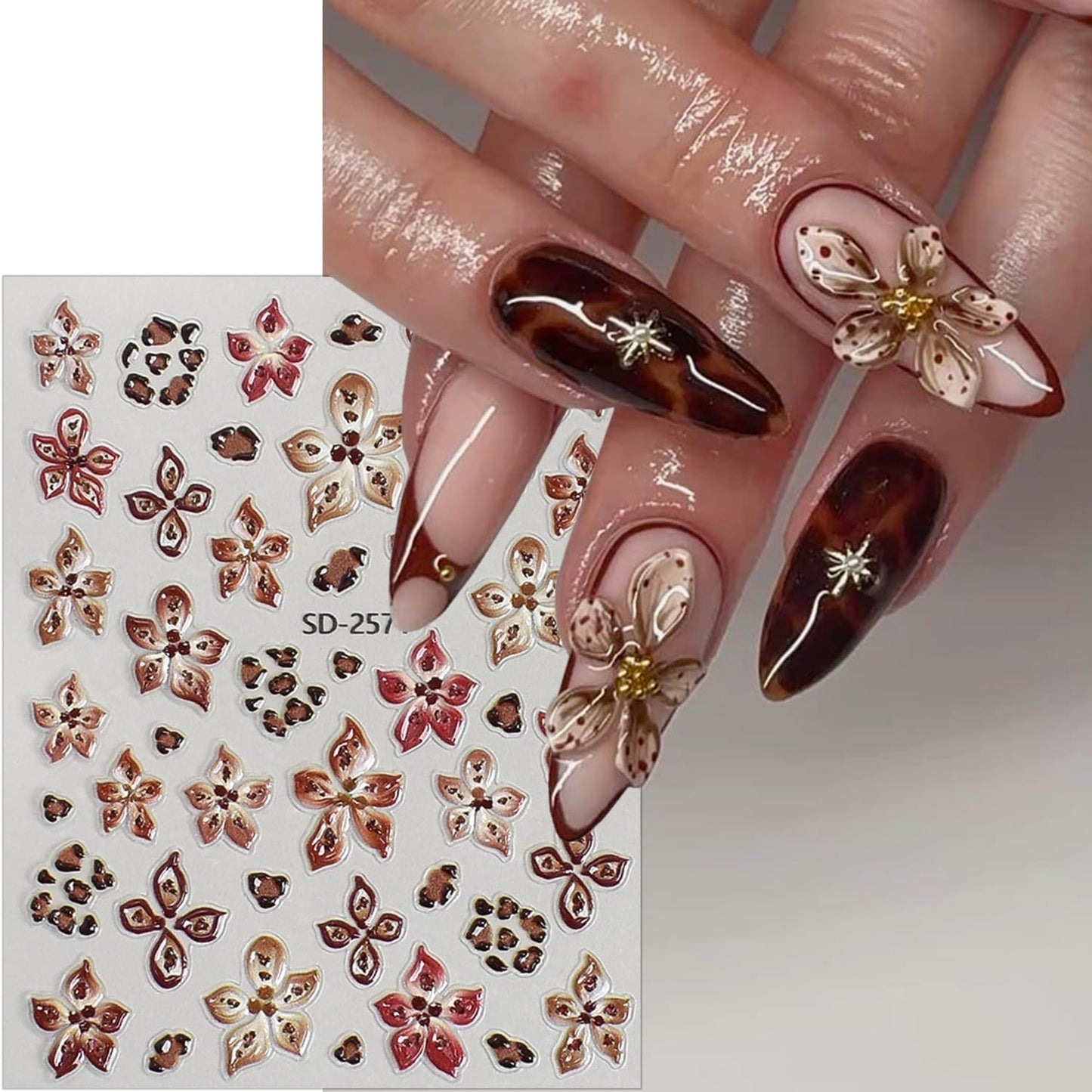 3 Sheets Flower Nail Stickers for Nail Art 5D Self-Adhesive Embossed Cute Floral Nail Art Stickers Leopard Nail Decals Summer Fall Flowers Nail Design Sticker for Women Nails Decoration