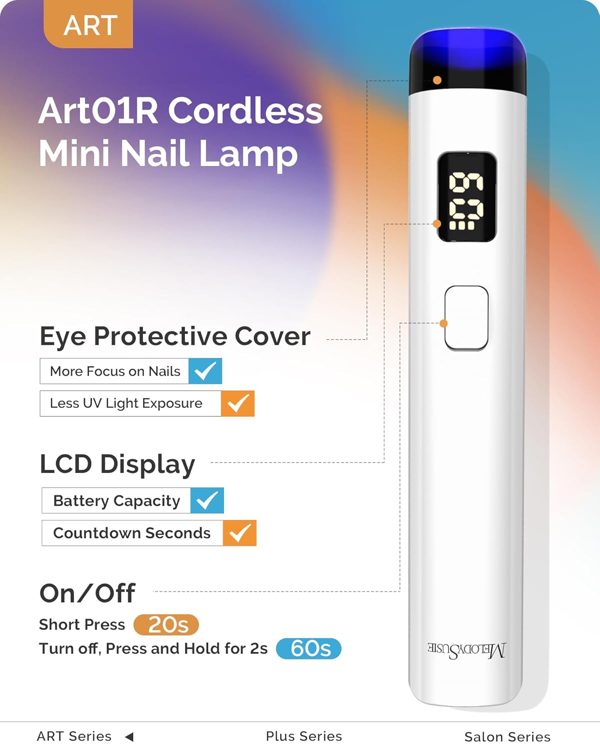 Melodysusie Handheld UV Light for Gel Nails, ART01R Cordless Gel X Nail Lamp Rechargeable with LCD Display, Eye-Protective Cover Flash Cure Nail Dryer for Rhinestone Glue Decoration DIY at Home White