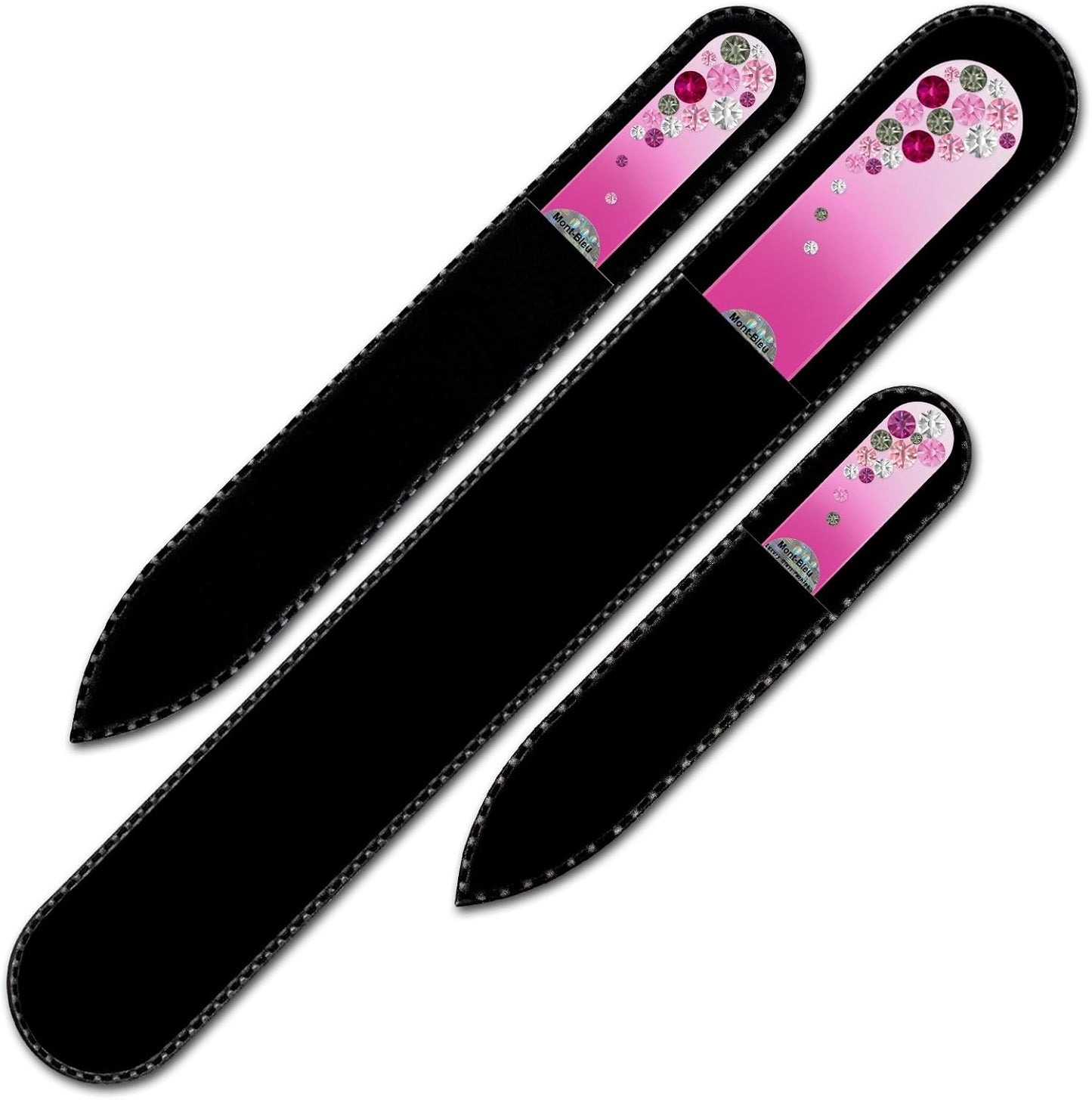 Mont Bleu Set of 3 Glass Nail Files hand decorated with crystals - Handmade gifts - Czech Tempered Glass - Excellent Nail Filing Tools - The Best Gifts - Crystal Nail File