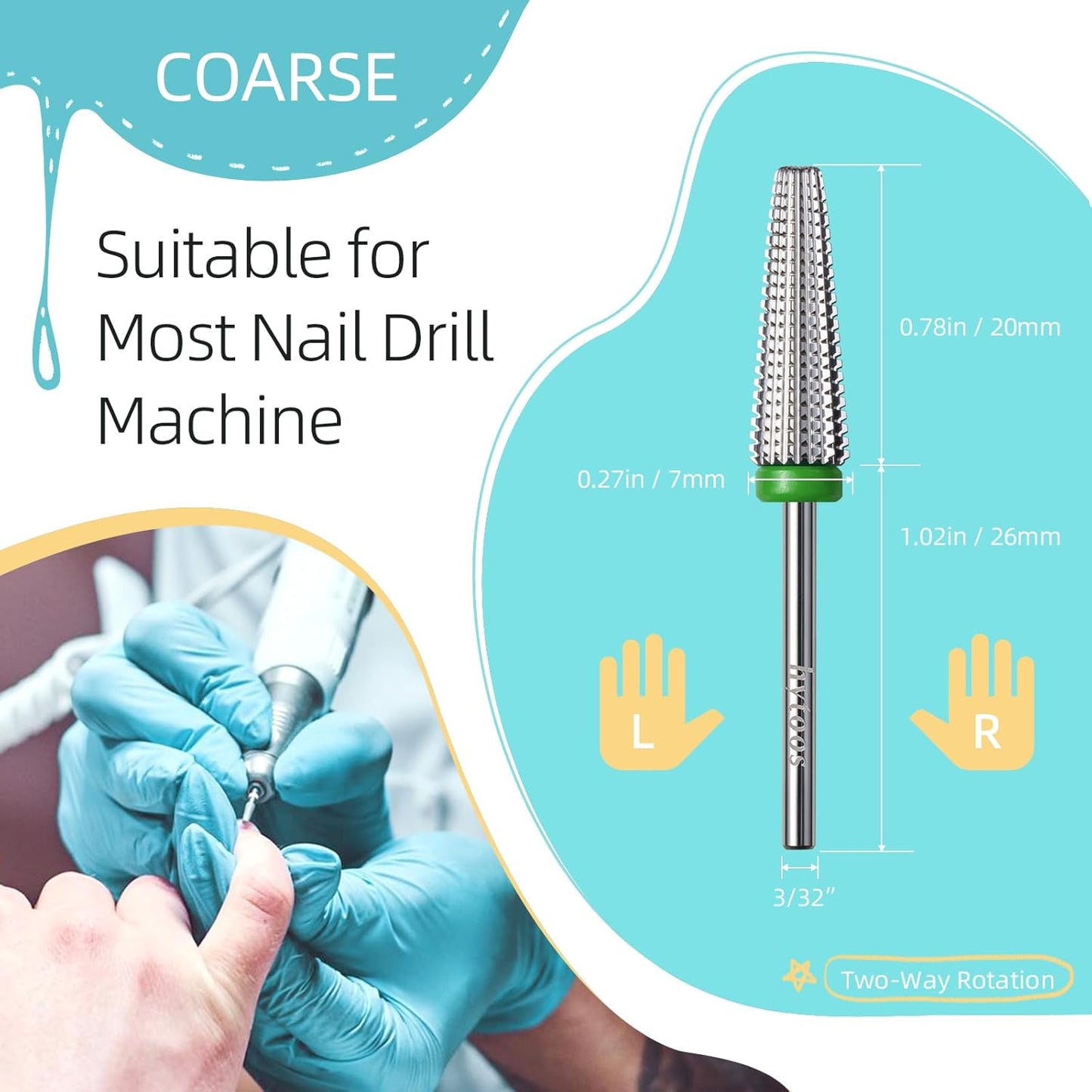 Long 5 in 1 Nail Drill Bits, 20mm Coarse Safety Tapered Nail Bit, Straight Cut Carbide Drill Bits for Nails, 3/32 Two-way, Electric Drills Removal Manicure Thick Gel