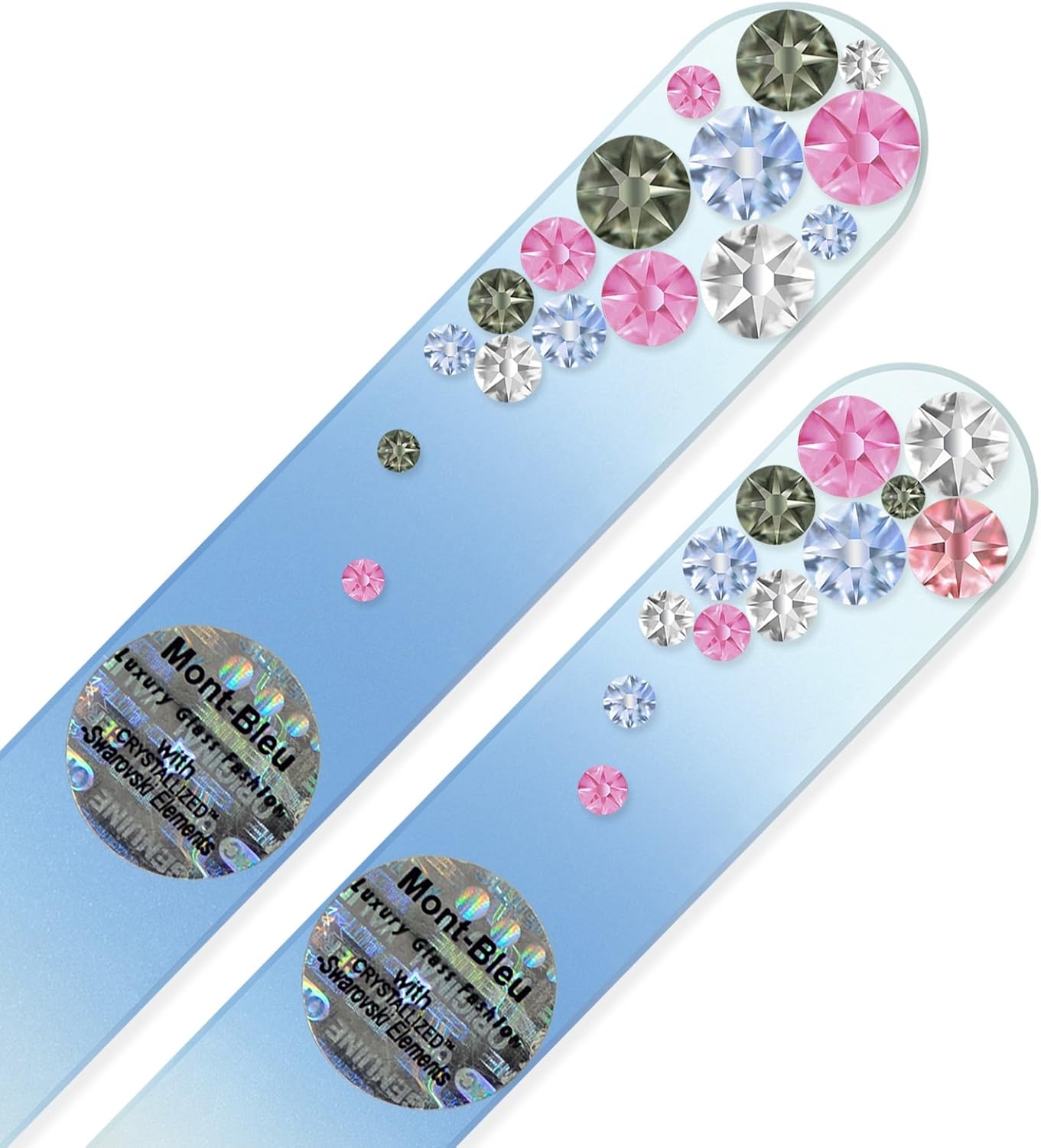 Washable Double Sided Nail File - Mont Bleu Set of 2 Glass Nail Files Hand Decorated with Crystals - Handmade Gifts for her - Best Nail Care - Etched Glass Nail File for Nail Art