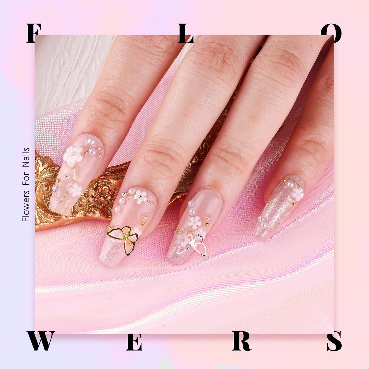 3D Nail Charms, Manicure Kit with Nail Rhinestone Glue Gel (UV Curing), Butterfly White Pink Flower Starry AB Gems Caviar Beads Half Round Pearl & Flatback Glass AB + Clear Gems with Dotting Tools