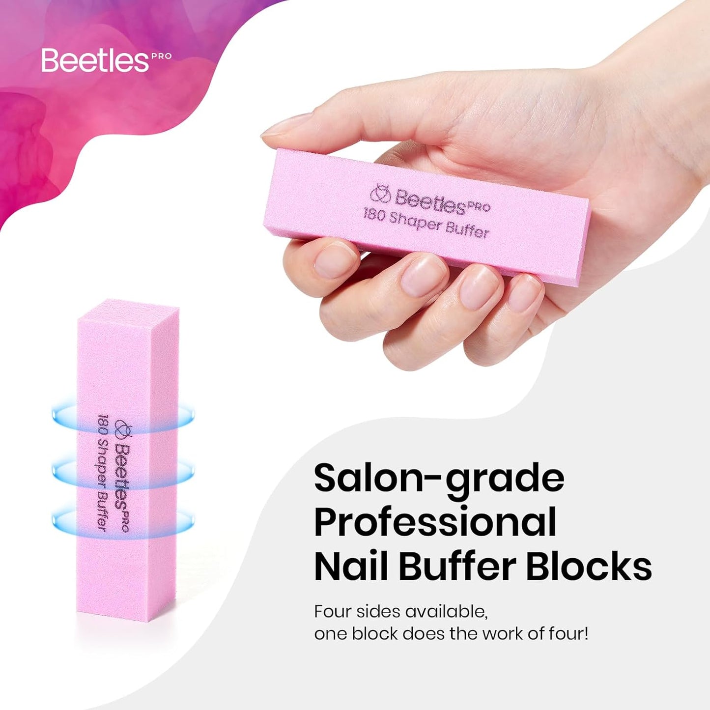 Beetles Nail Buffer Sanding Block 50 Pcs 180 Grit Polisher Buffing File 4 Sides Nail Files Pink Art Pedicure Manicure File for Acrylic Nails and Natural Nails
