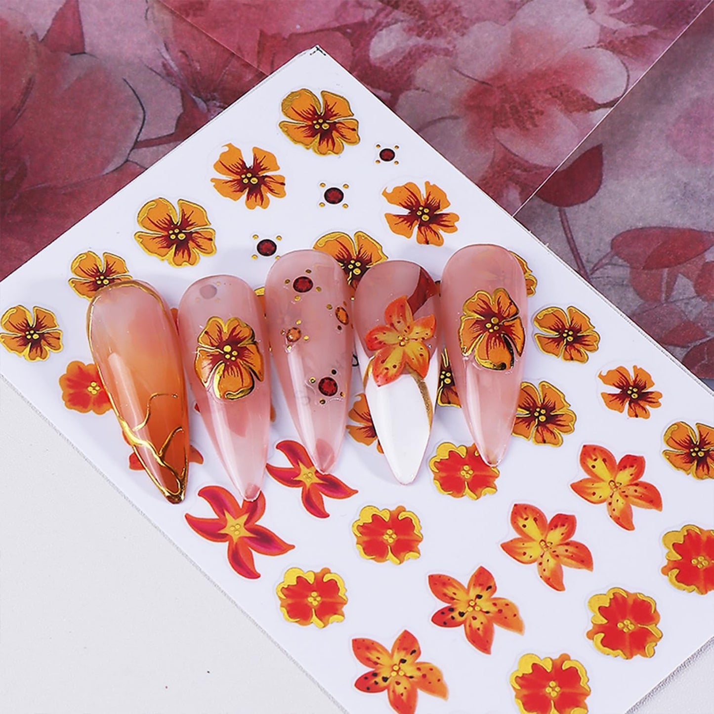 Flower Nail Stickers for Nail Art 3D Self-Adhesive Lily Hibiscus Tulip Flowers Nail Stickers Fall Floral Nail Decals Supplies for Women DIY Manicure Supplies Accessories 4 Sheets