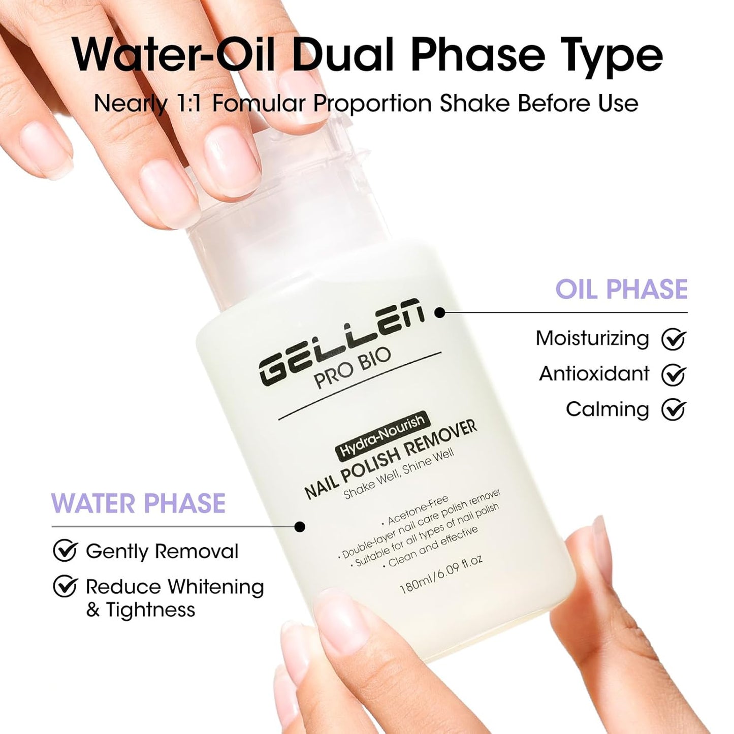 Gellen Nail Polish Remover, Dual-phase Nourishing Polish Removal- Non Acetone- for Quick Dry Nail Polishes- Non Toxic Fingernail Polish Remover with Easy Push-down Pump- Unscented- 6.09 Fl Oz