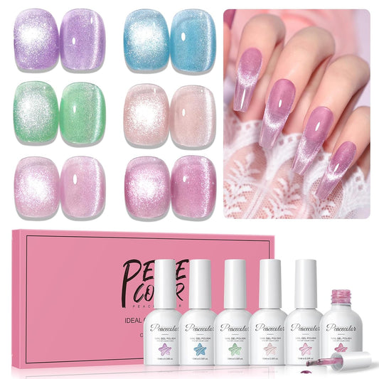 PEACECOLOR Cat Eye Gel Nail Polish Set, 6 Colors Blue Green Pink Glitter Manicure Starter Kit for Salon Need Lamp Curing Nail Art DIY at Home1