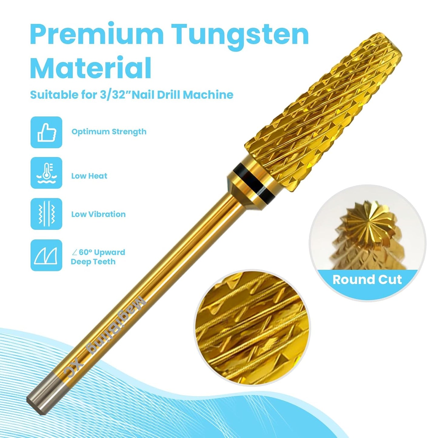 Super Cut 5 In 1 Nail Drill Bits，Tapered 3/32'' Safety Tungsten Bits, Upward Cut for Hard Gel Removal, Right Hand Use, Manicure Cuticle Gel Polishing, Technicians Bits, Gold, Extra Coarse.