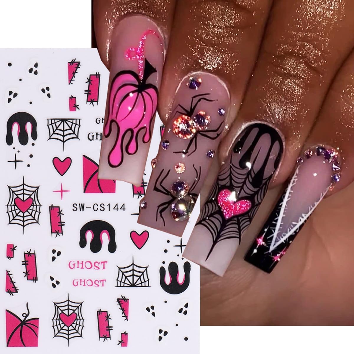 Halloween Nail Art Stickers 3D Self-Adhesive Nail Decals Nail Art Supplies 8PCS Pink French Flame Pumpkin Spider Web Ghost Eyeball Halloween Nails Adhesive Sliders for Women DIY Manicure Decorations