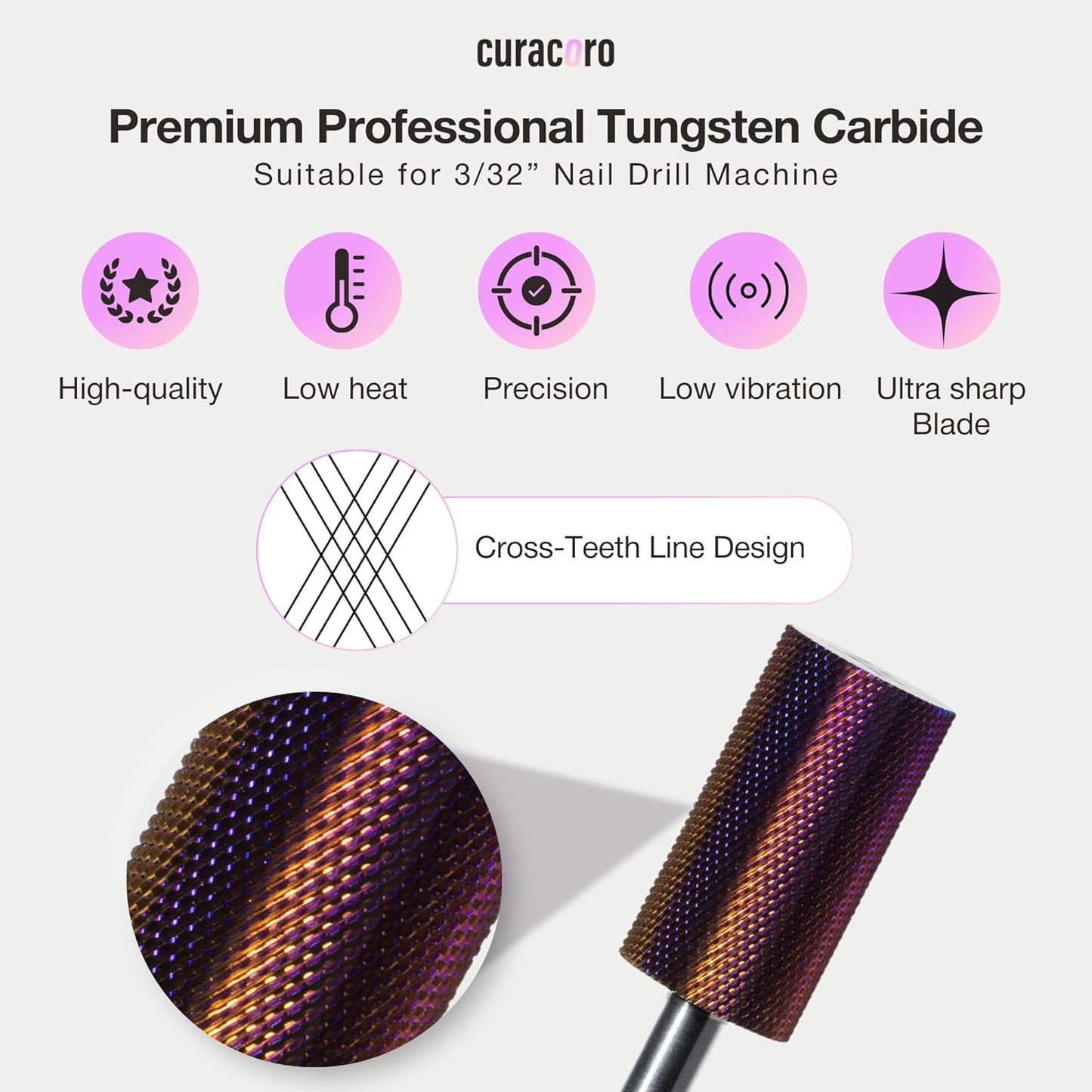 Curacoro Nail Drill Bits 3/32'' - Safe Smooth Stop Large Barrel Carbide Bit (Extra Fine) for Flawless, High-Shine Finish, Refine & Perfect Nail Enhancements, Nail Art Pedicure Manicure Salon & Home