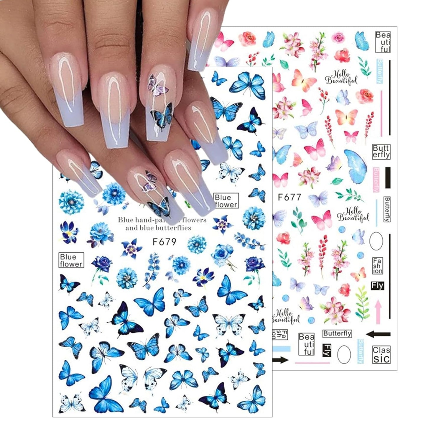 7 Sheets Butterfly Nail Art Sticker Decals Spring Summer 3D Self-Adhesive Nail Decals Colorful Floral Nail Supplies Pink Blue Purple Yellow Butterfly Nails Designs Supplies for Women Nail Decoration
