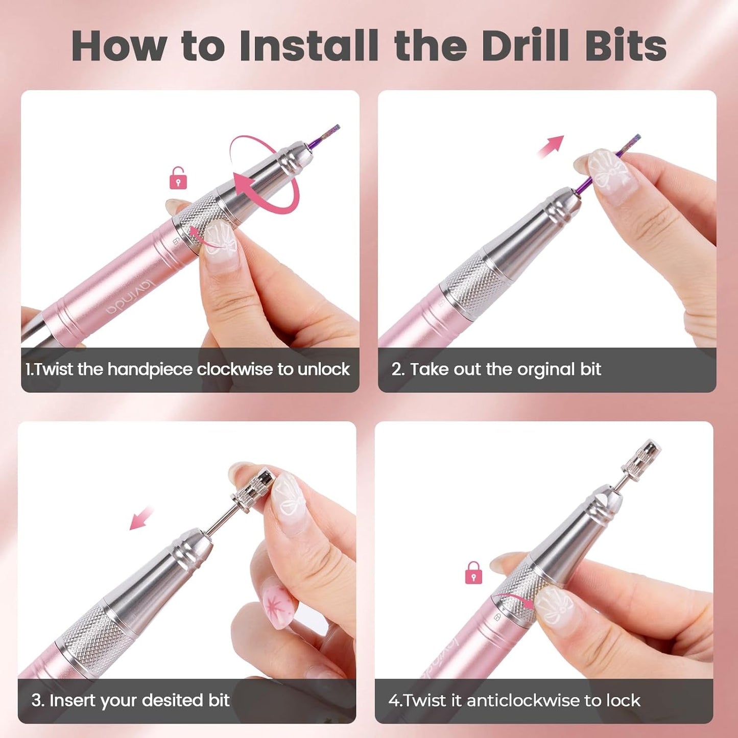 Lavinda Professional Rechargeable Nail Drill Machine, Cordless 35,000RPM Skyspace Brushless Nail Drill, Portable Electrical Nail File for Acrylic Nails with Protective Case, Rose Gold