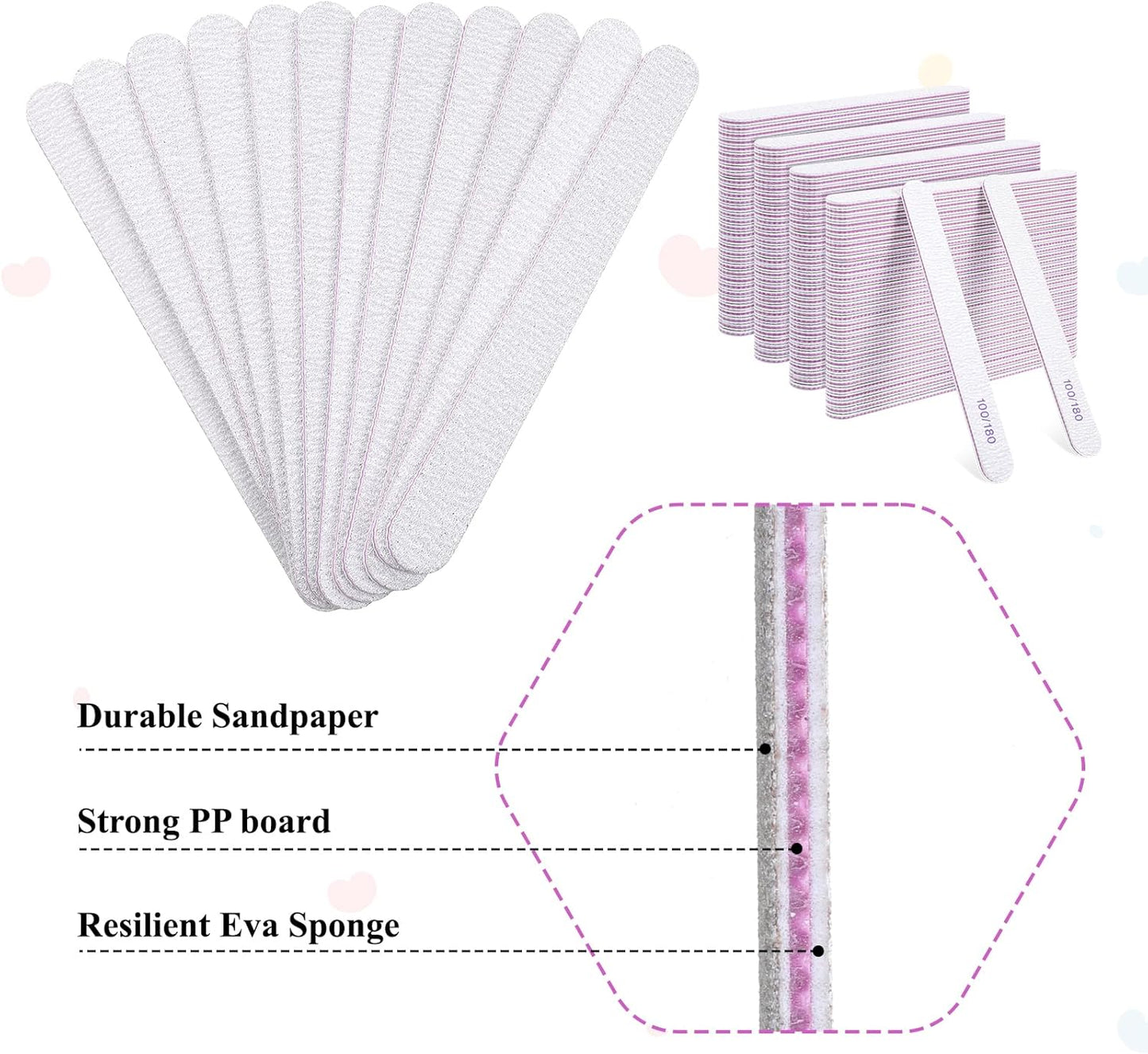 125 Pcs Nail Files 100/180 Grit Double Sided Emery Boards Professional Reusable Nail Buffers for Natural Nails and Acrylic Nails Home and Salon Use