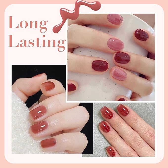 AZUREBEAUTY Jelly Nail Polish Set 4 Colors Nude Brown Red Purple Quick Dry Transparent Sheer Nail Polish Natural Nail Lacquer Fingernail with Top Coat DIY Salon Home
