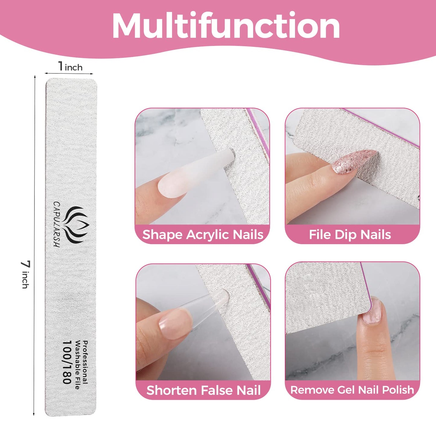 18pcs Nail File for Acrylic Nails - Capularsh 100/180 Grit Professional Double Side Emery Boards, Reusable Coarse Nail File for Acrylic Gel Dip False Nail Home and Salon Use
