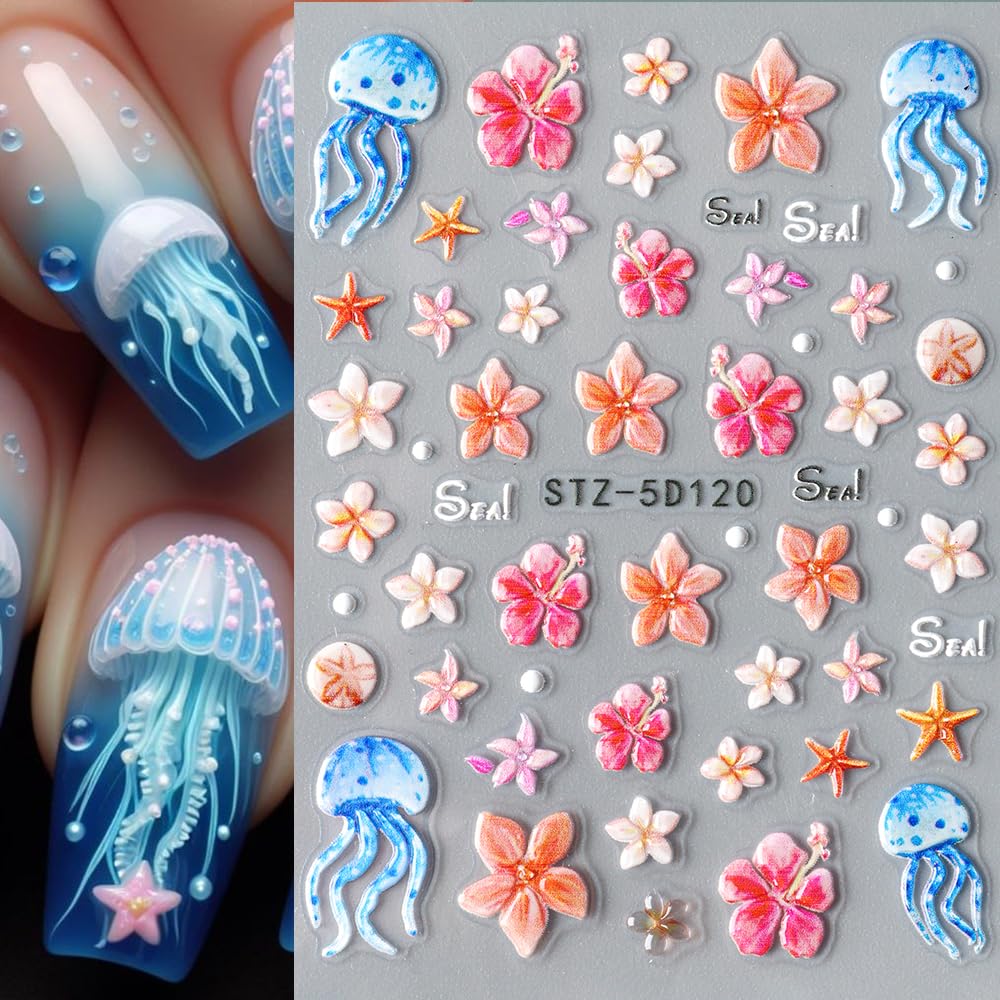 Summer Flower Nail Art Stickers Decals Jellyfish 5D Embossed Nail Decals 2PCS Flowers Starfish Jelly Design Summer Nails Adhesive Sliders Flower Sticker for Nails Women DIY Manicure Decorations Supply