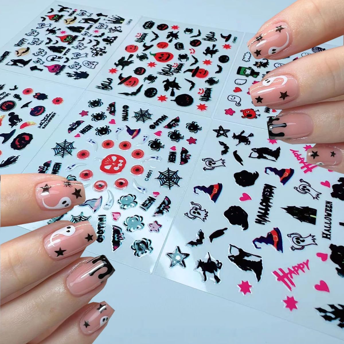 24Pcs/Set Small Halloween Nail Art Sticker, 3D Self-Adhesive Scary Ghost Skull Clown Witch Cat Pumpkin Spider Web Nail Stickers with Design Cute Halloween Nail Decals for Women
