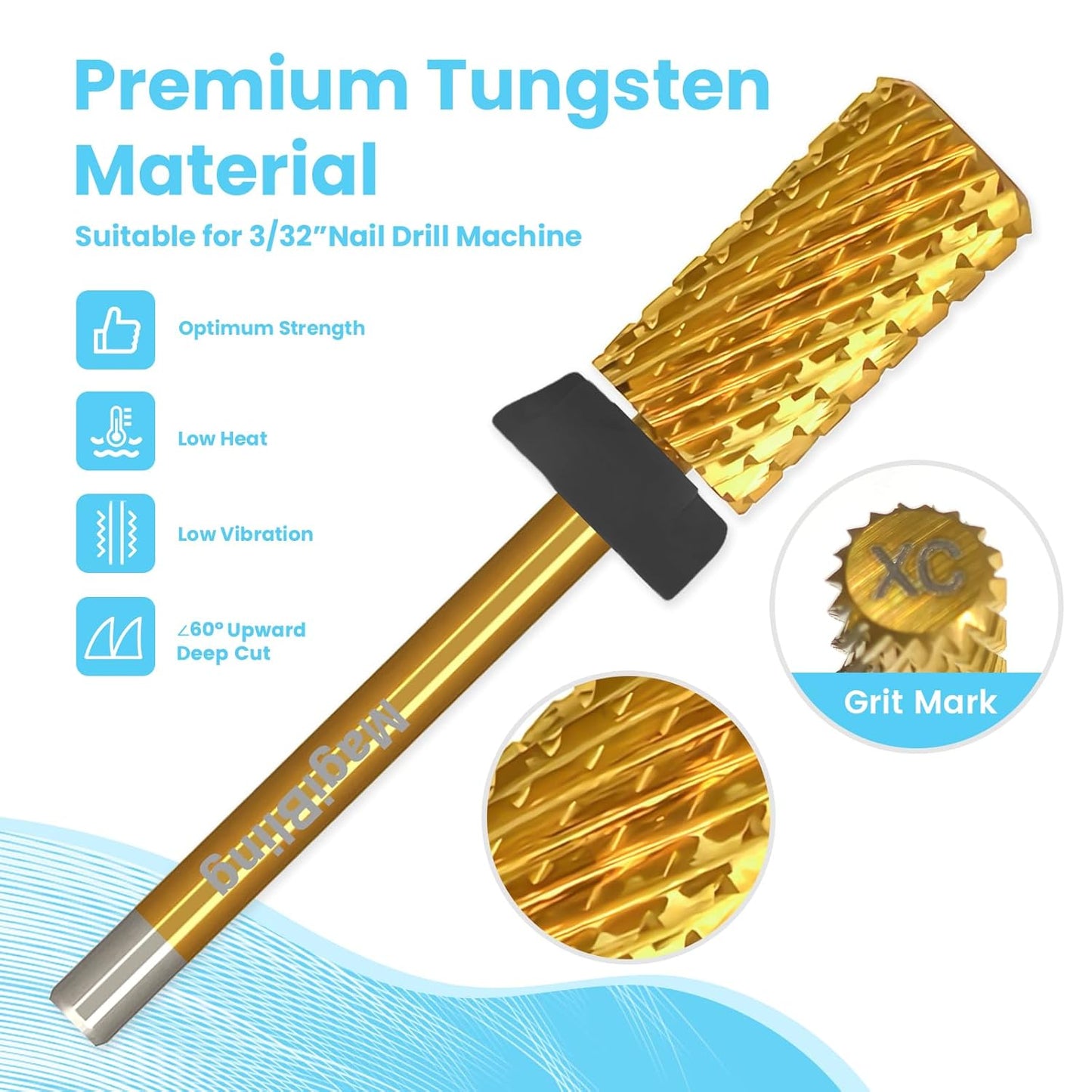 Super Cut Large Barrel Nail Drill Bits, 3/32'' Professional Tungsten Carbide Bits, Remove Hard and Soft Gel Fast, Right Hand Use, Manicure Pedicure Cuticle Gel Polishing, Gold Color, Extra Fine.